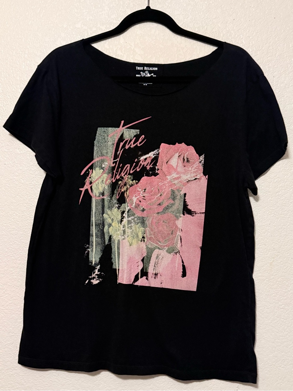 True Religion Black Tee with Pink Floral Graphic 0007